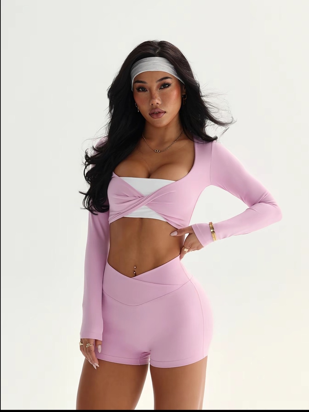 Women’s Pink Long-Sleeve Crop Sports Top & High-Waist Shorts Set